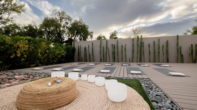 Outdoor sound bath space with crystal singing bowls